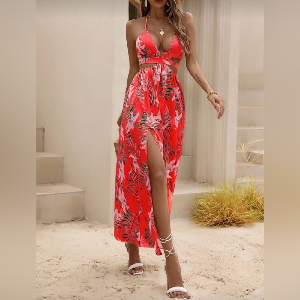 Tropical Print Backless Knot Halter Slit Maxi Dress